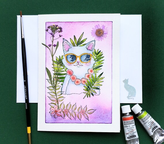 White Cat In Orange Sunglasses With Flower Lei Watercolor Fun Cat Poster