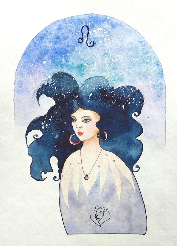 Leo Zodiac Painting Of A Woman Of The Astrological Sign Of Leo Portrait And Constellation Original Watercolor Wall Art Handmade