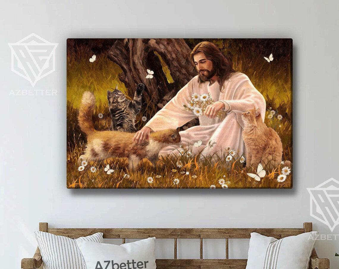 Jesus Petting Three Cats In Wildflower Field With Butterflies Poster
