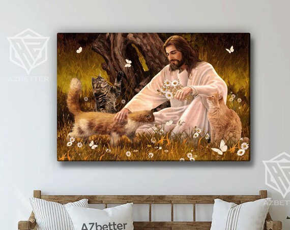 Jesus Petting Three Cats In Wildflower Field With Butterflies Poster