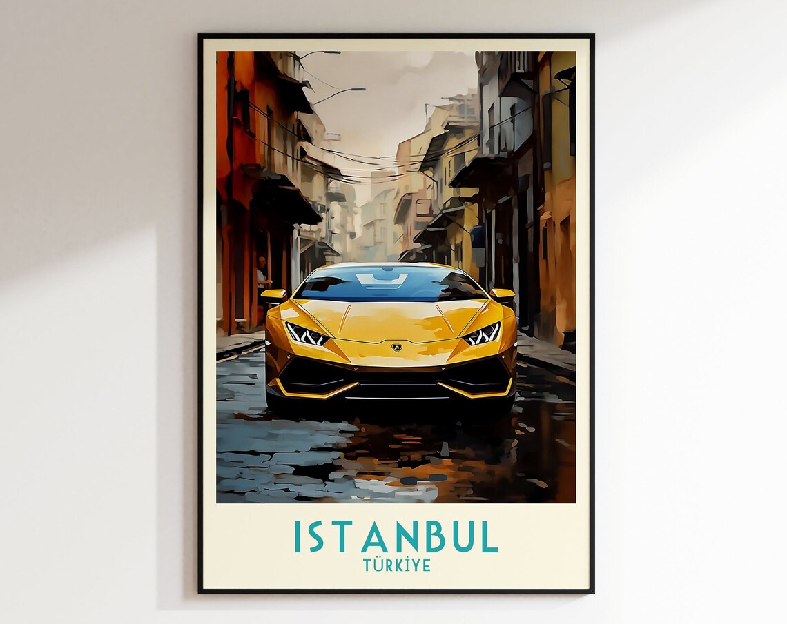 Istanbul Turkiye Yellow Sports Car Wet Cobblestone Travel Poster