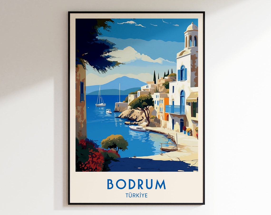 Bodrum Turkiye Whitewashed Coast Bell Tower Harbor Travel Poster