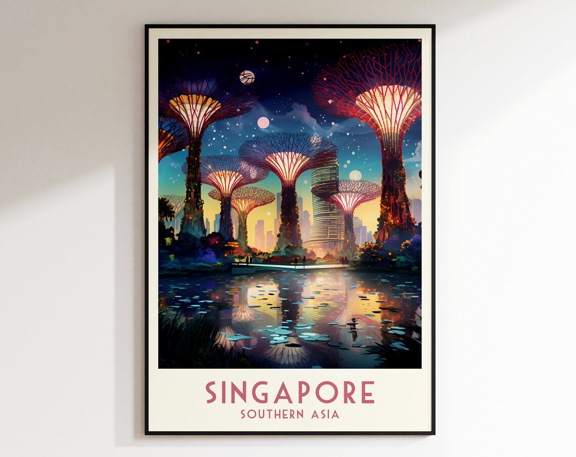 Singapore Supertree Grove Night Lights Vintage Gardens Travel Poster