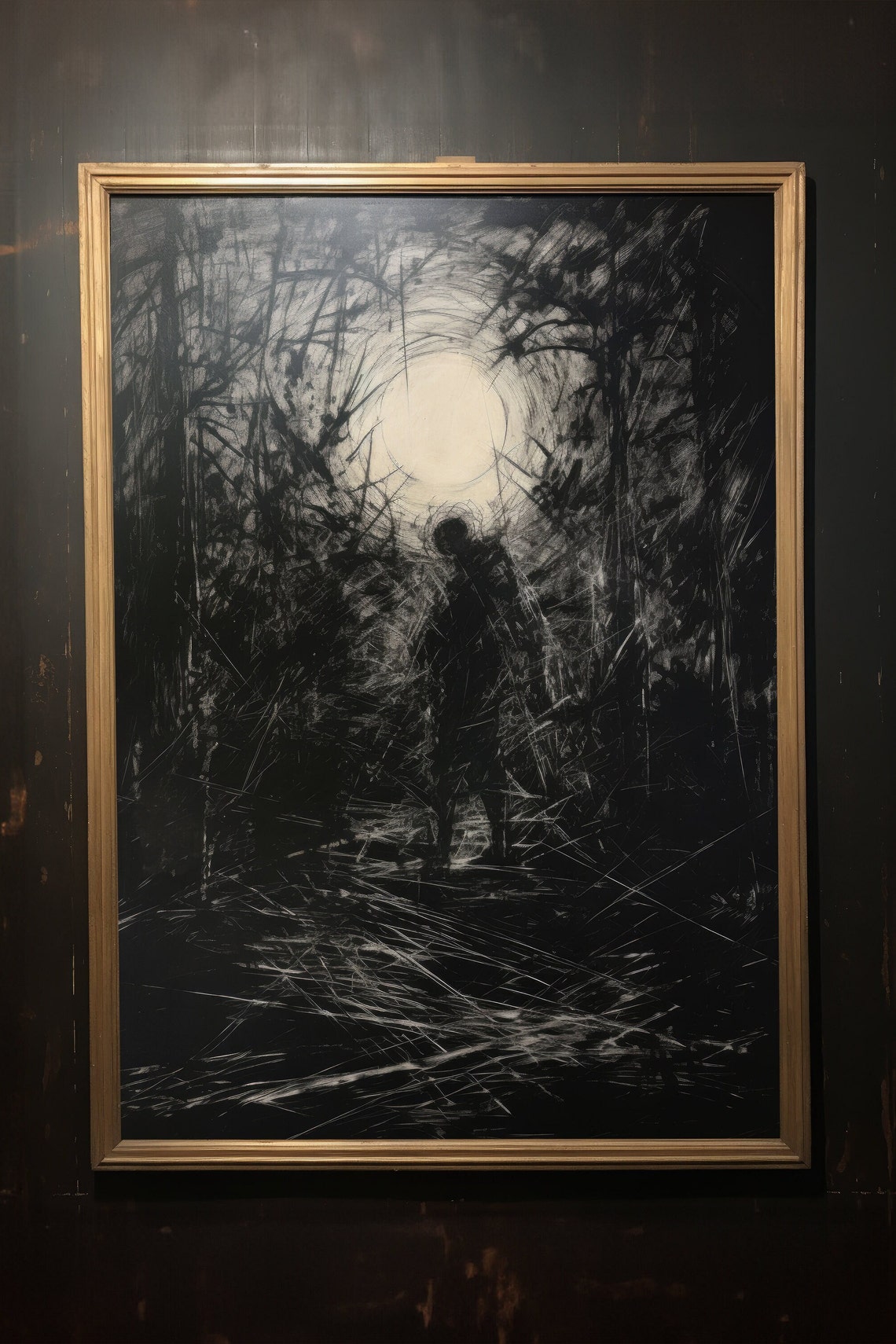 Moonlit Figure in Twisted Woods Eerie Charcoal Sketch Poster - Image 4