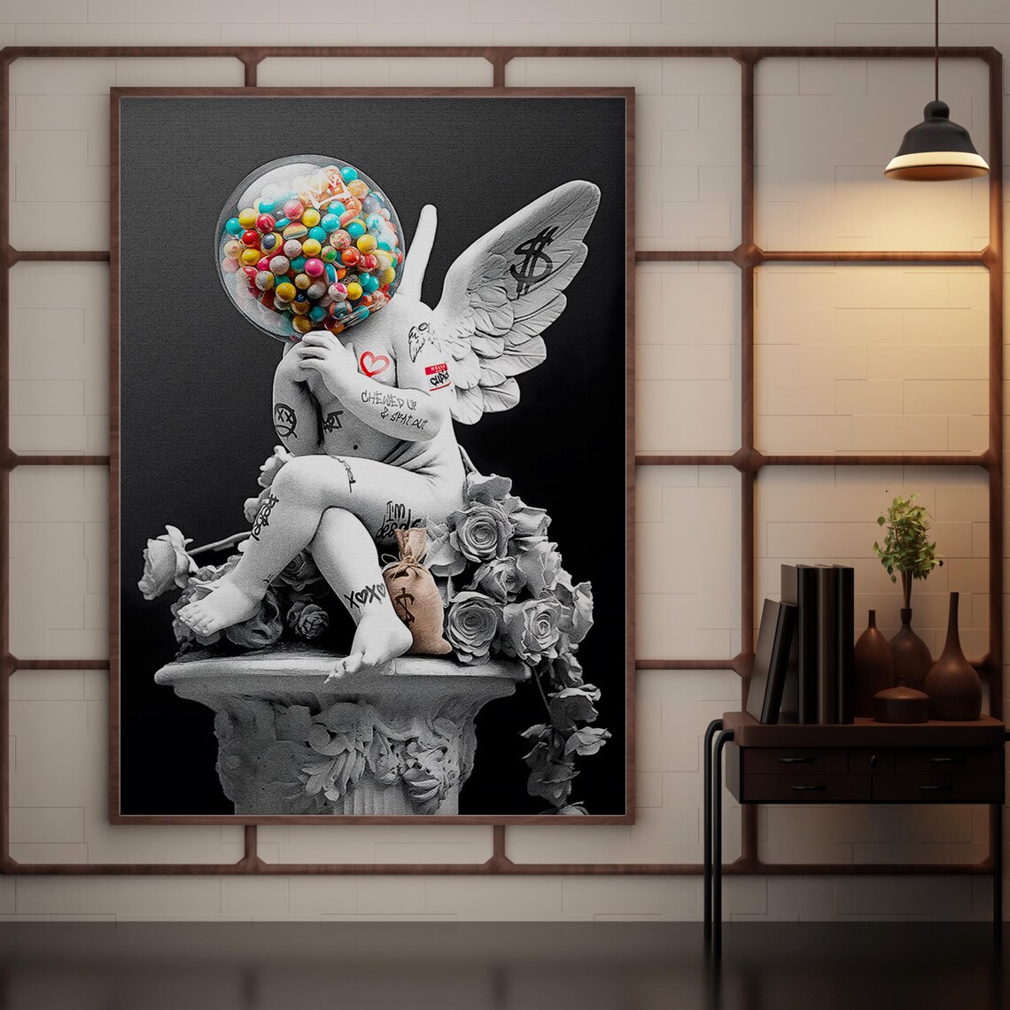 Graffiti Angel Poster Bubble Gum Statue Street Art Roses Black White Bold