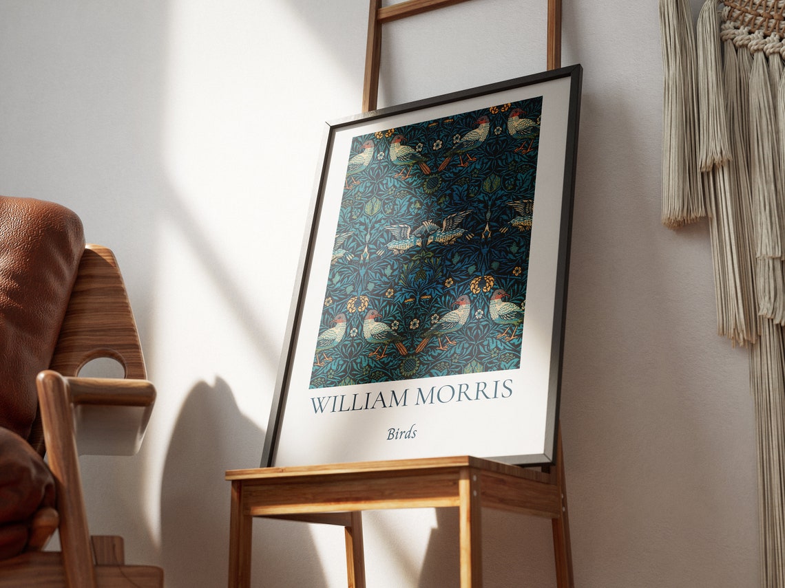 William Morris Birds Dark Navy Tapestry Pattern Exhibition Wall Art - Image 4