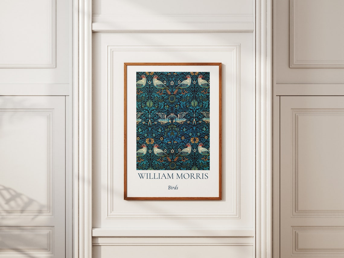 William Morris Birds Dark Navy Tapestry Pattern Exhibition Wall Art - Image 6