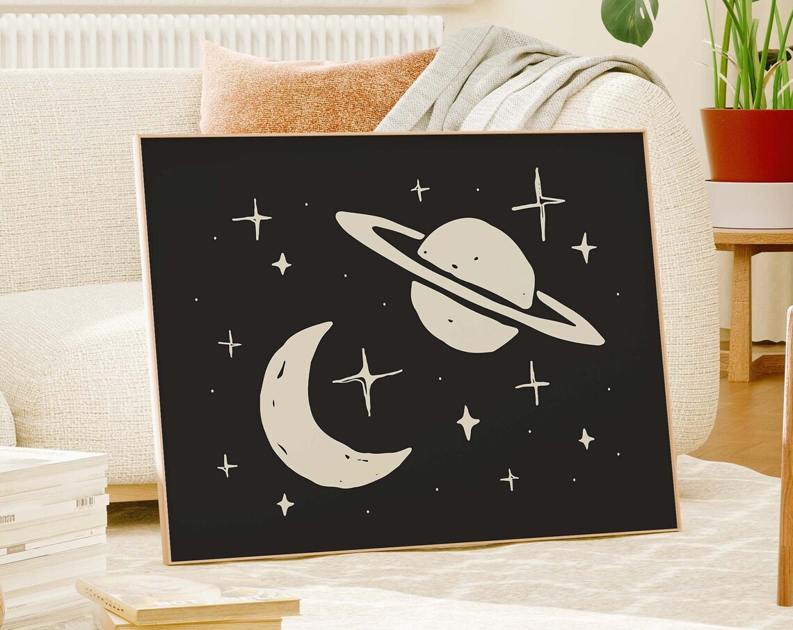 Black Outer Space Illustration With Saturn Moon And Stars Wall Decor Poster