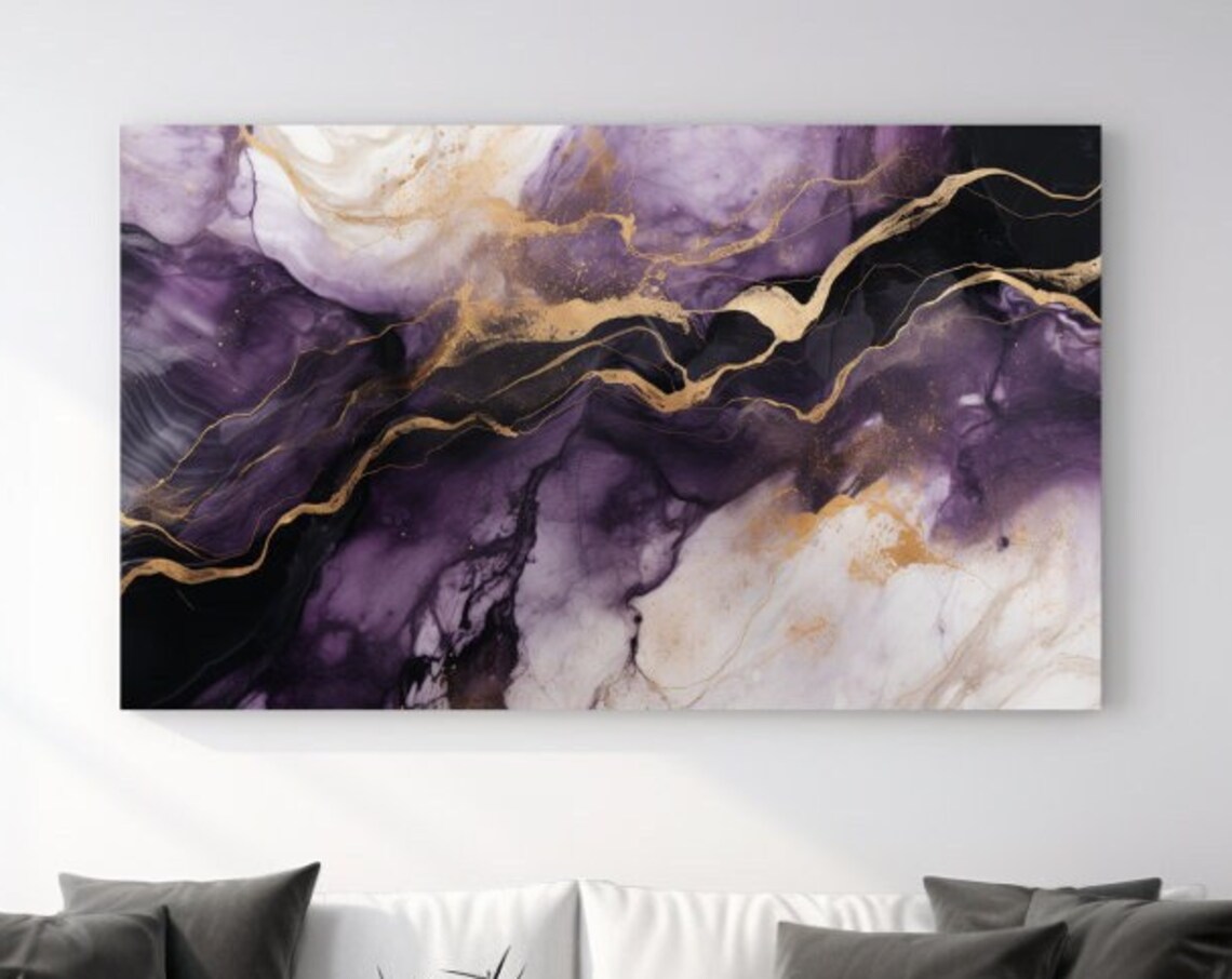 Fluid Purple and Gold Marble Abstract Luxury Swirl Veins Wall Art