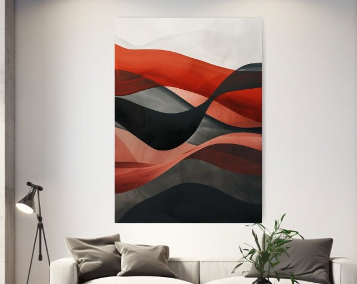 Abstract Red Black White Flowing Waves Modern Luxury Wall Art Poster