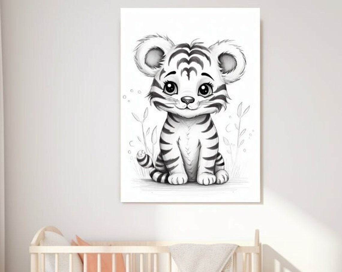 Cute Baby Tiger Cub Black And White Sketch Nursery Art Poster