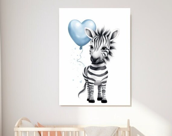 Cute Baby Zebra With Blue Heart Balloon Watercolor Nursery Poster