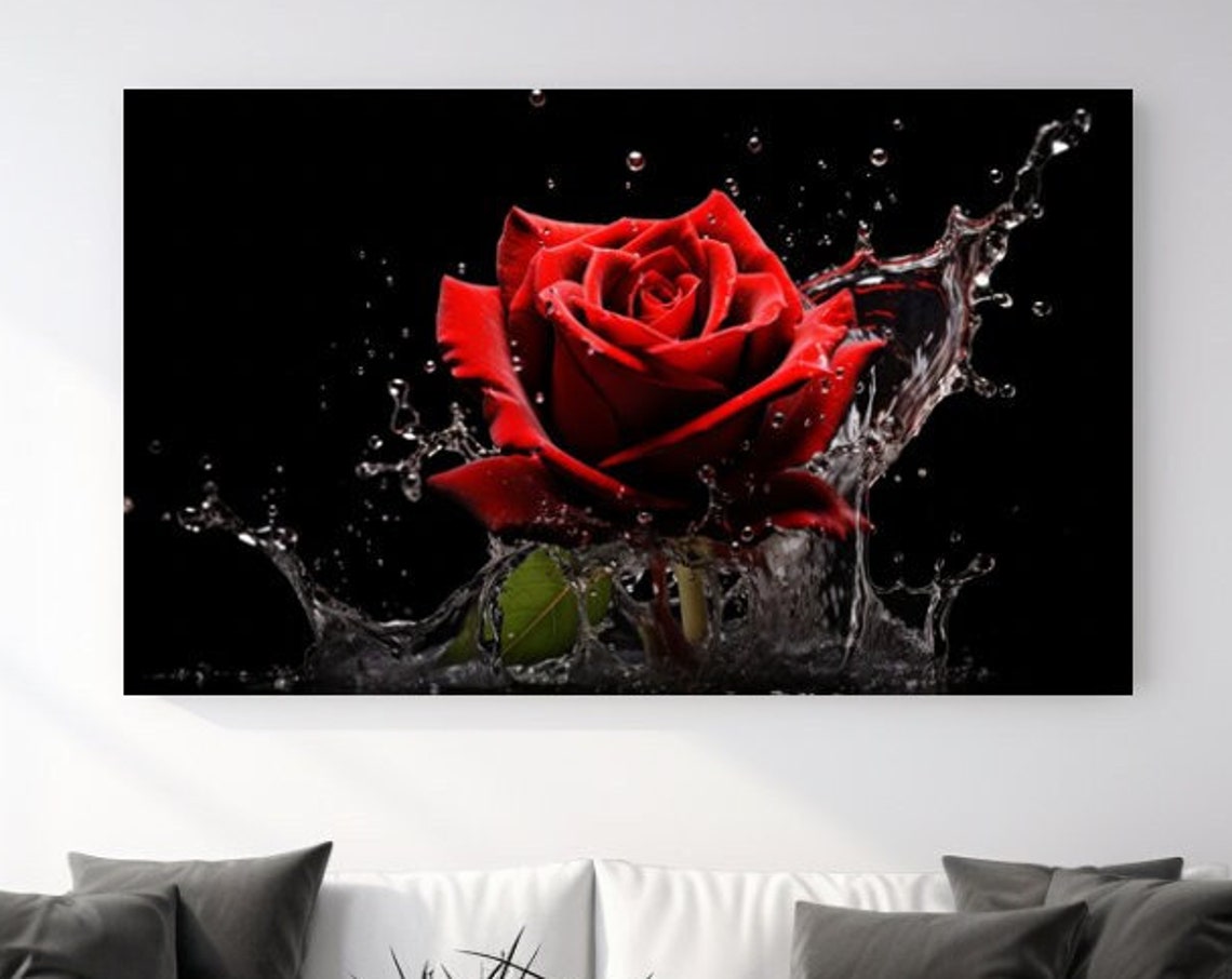 Red Rose Splash Droplets Black Background Bloom Floral Art Poster