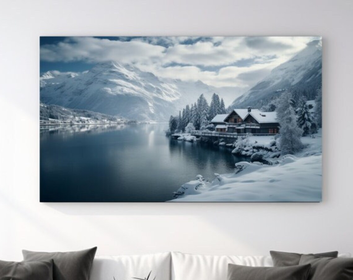Snowy Alpine Lake with Chalet Shore and Peaks Reflection Poster