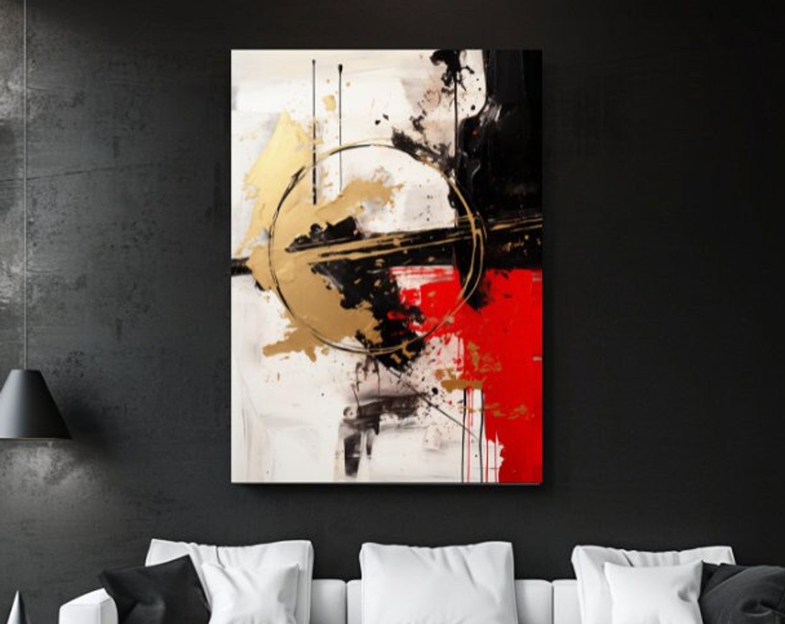 Modern Bold Black White Gold Red Abstract Golden Circle Wall Art
