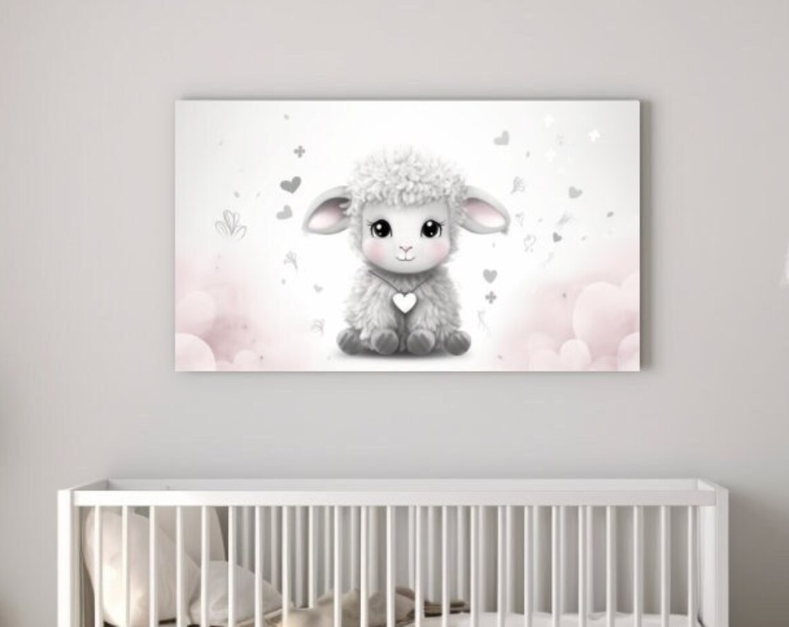 Cute Fluffy Baby Sheep With Heart Necklace Nursery Wall Art Print
