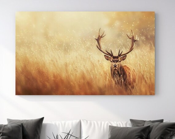 Golden Stag Antlers Autumn Field Warm Sunset Wildlife Nature Photo Poster