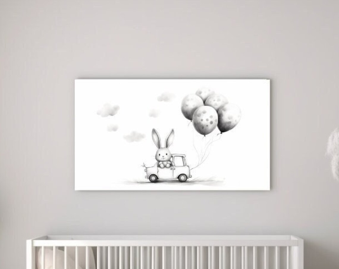 Bunny With Balloons Driving Car Cute Nursery Animal Wall Art Poster