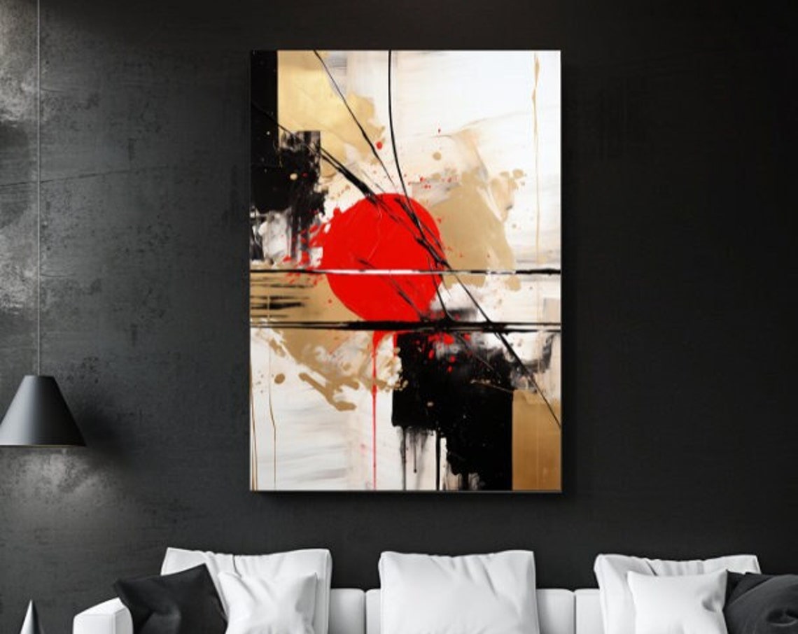 Modern Black White Red Abstract Bold Glowing Red Sun Disc Wall Art