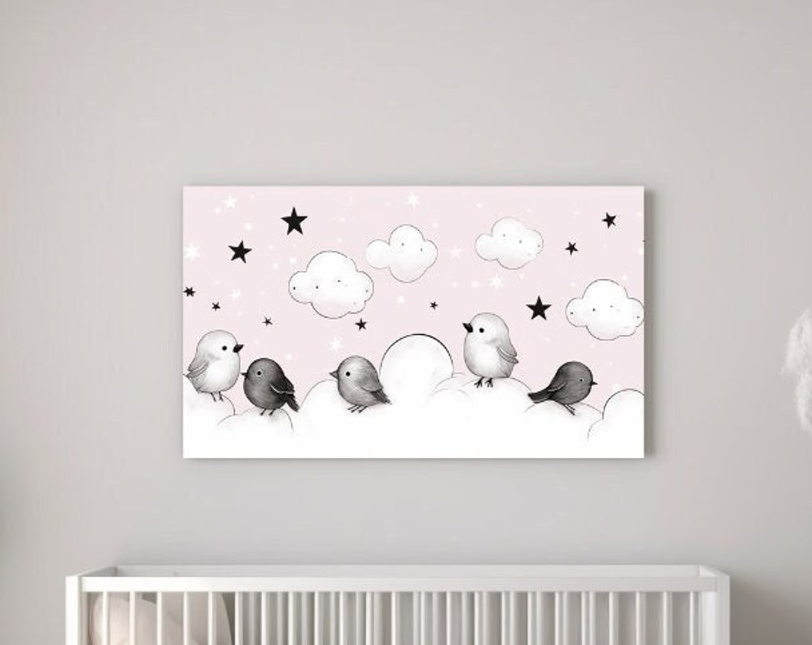 Five Cute Little Birds on Clouds with Stars Pink Nursery Poster