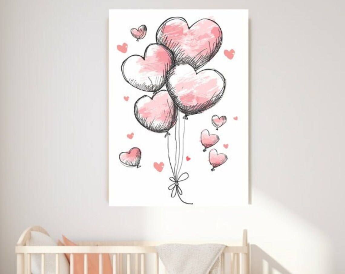Pink Heart Balloons Bouquet Watercolor Sketch Kids Room Art Poster