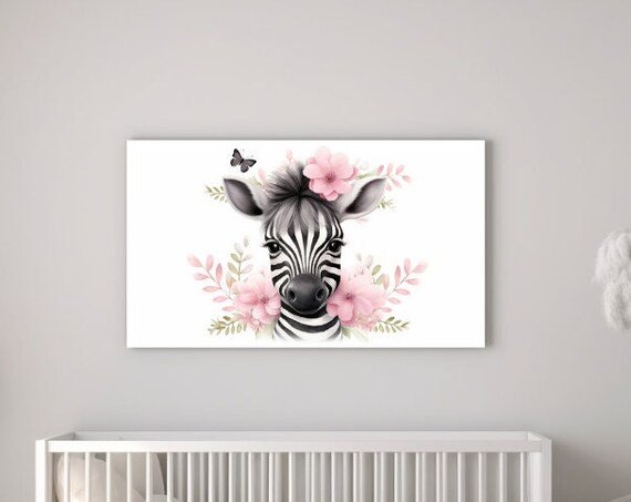 Sweet Baby Zebra Foal Pink Blossoms Safari Nursery Girls Room Wall Art Print