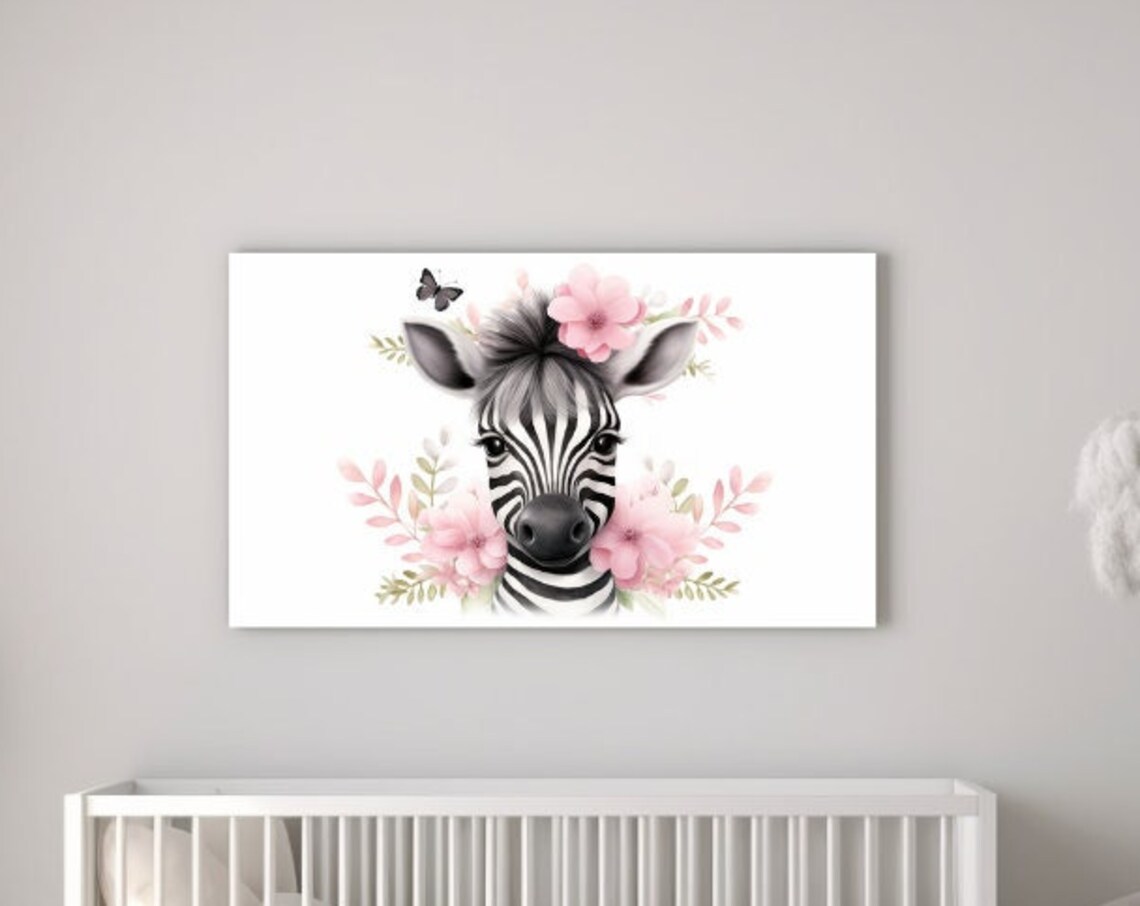 Sweet Baby Zebra Foal Pink Blossoms Safari Nursery Girls Room Wall Art Print