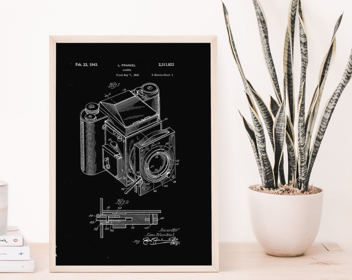1943 Frankel Camera Black Background Patent Blueprint Poster Art