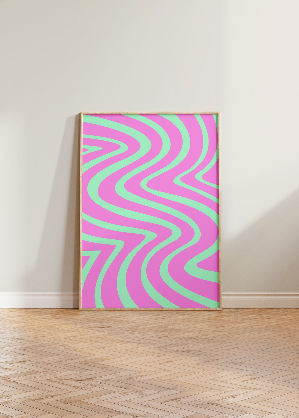 Pink And Green Wavy Stripes Retro Groovy Abstract Art Poster