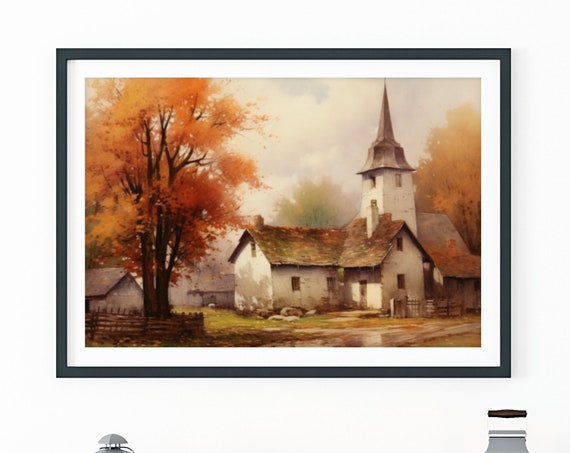 Autumn Landscape Print Vintage Fall Poster Vintage Church Art Rustic Fall Decor Moody Wall Art
