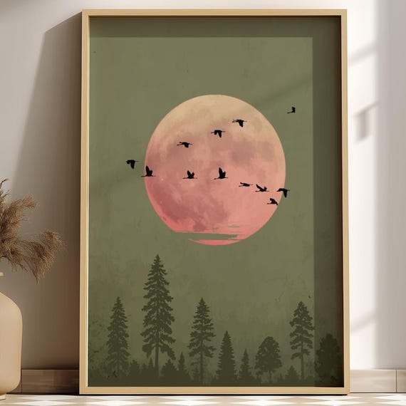 Green Moon Forest Print Minimalist Nature Wall Art Bird Silhouette Poster Mystical Landscape Home Decor