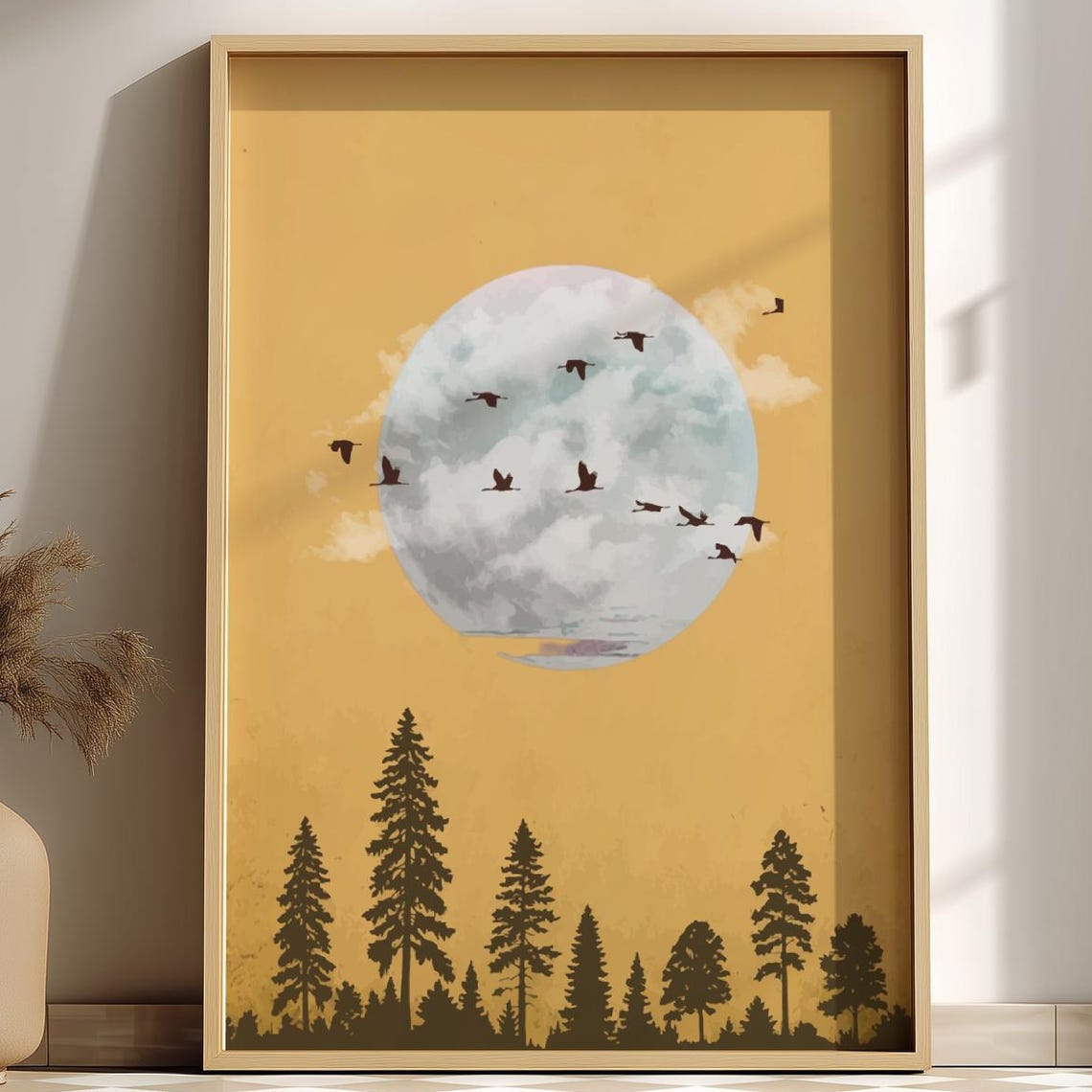 Golden Moon Forest Full Moon Over Pine Trees Birds Silhouette Poster