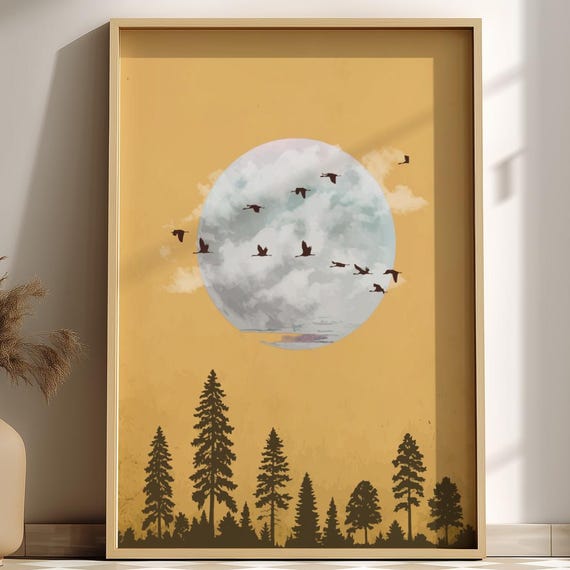 Golden Moon Forest Art Print Yellow Nature Wall Decor Silhouette Trees Birds Poster Warm Minimalist Landscape