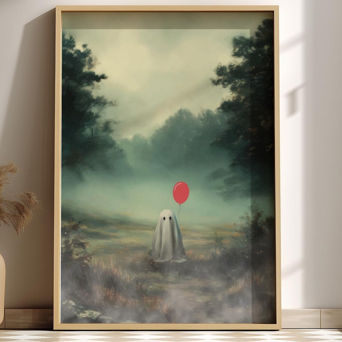 Ghost With Red Balloon Misty Forest Surreal Whimsical Dark Art Poster
