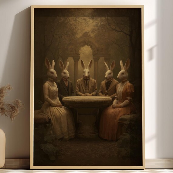 Rabbit Council Five Rabbits Victorian Dress Stone Table Gothic Art Poster