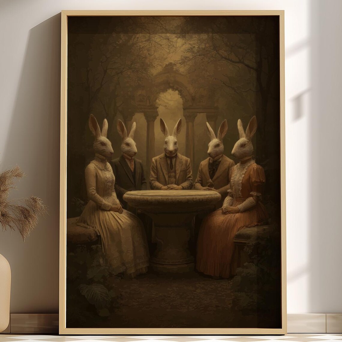 Rabbit Council Five Rabbits Victorian Dress Stone Table Gothic Art Poster