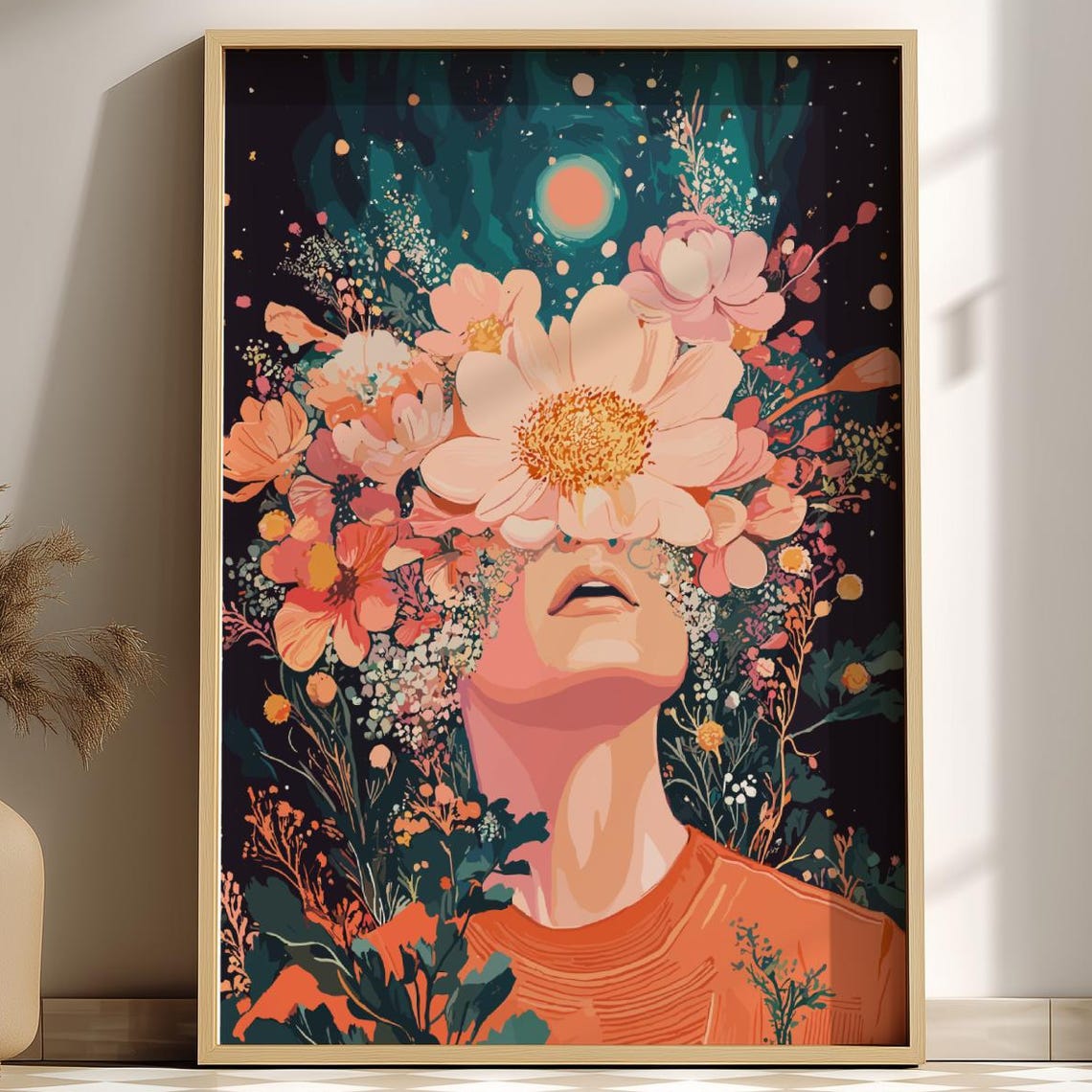Floral Ascension Surreal Woman Covered In Flowers Night Sky Poster