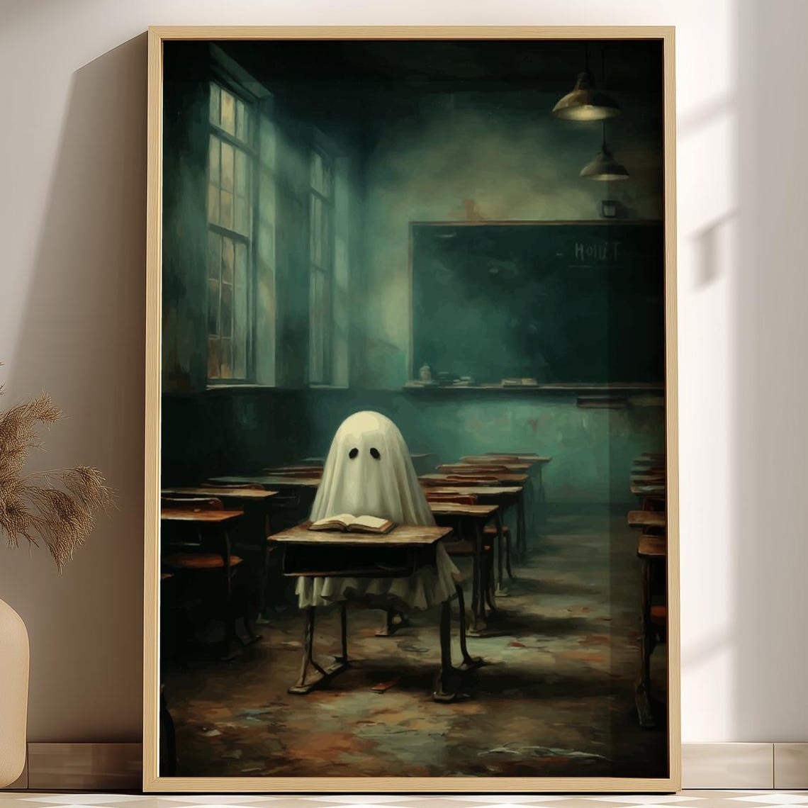 Ghost Student Sitting At Old School Desk Dark Classroom Art Poster