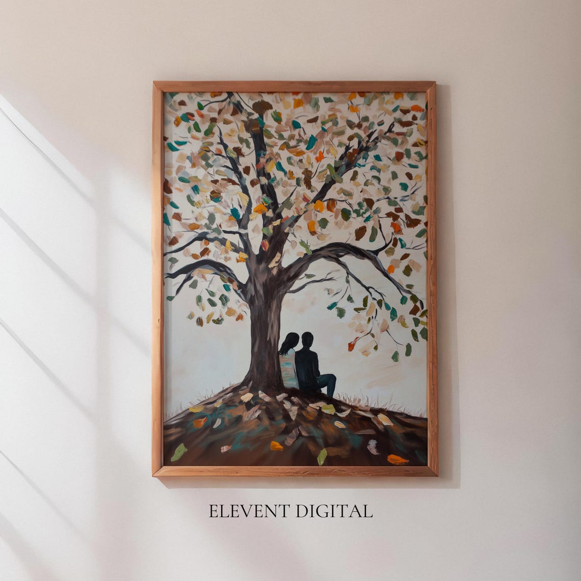 Romantic Couple Under Autumn Tree Painterly Cozy Love Wall Art