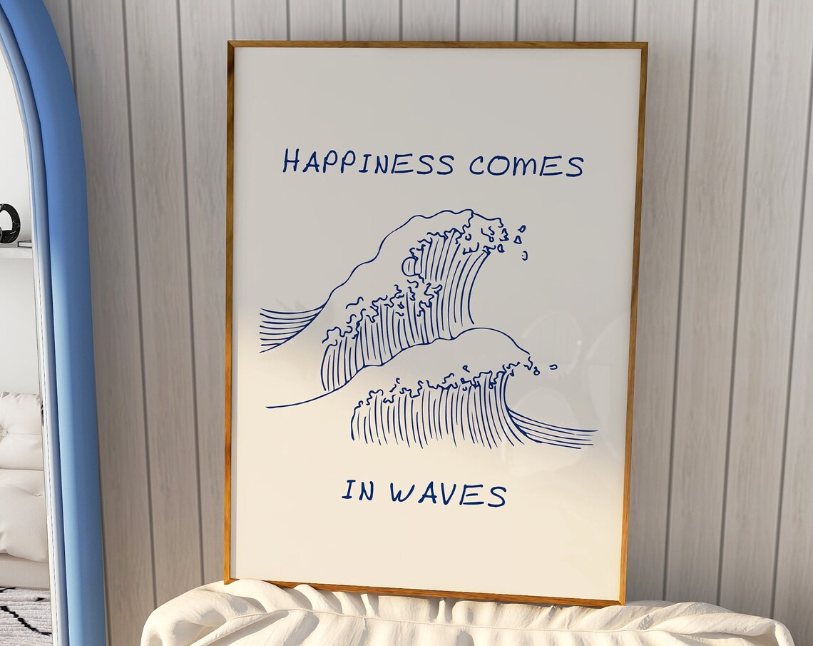 Happiness Comes in Waves Minimalist Surf Line Art Quote Poster