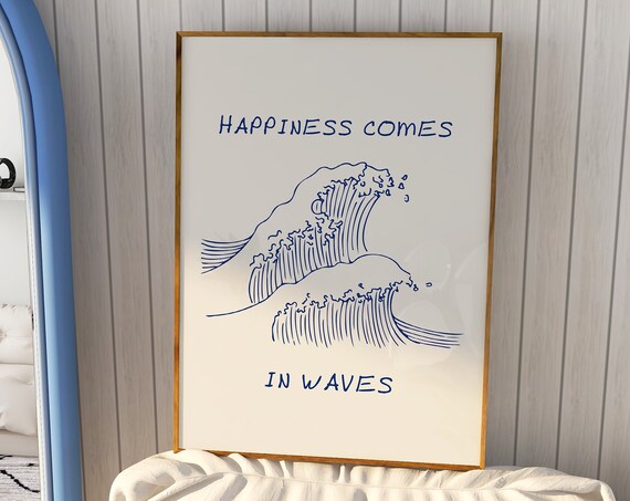 Happiness Comes in Waves Minimalist Surf Line Art Quote Poster