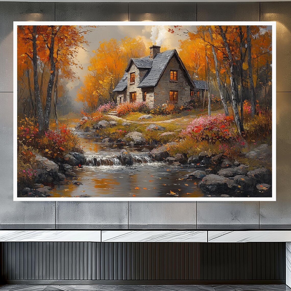 Autumn Cottage Creek Golden Oil Landscape Cozy Cabin Wall Art