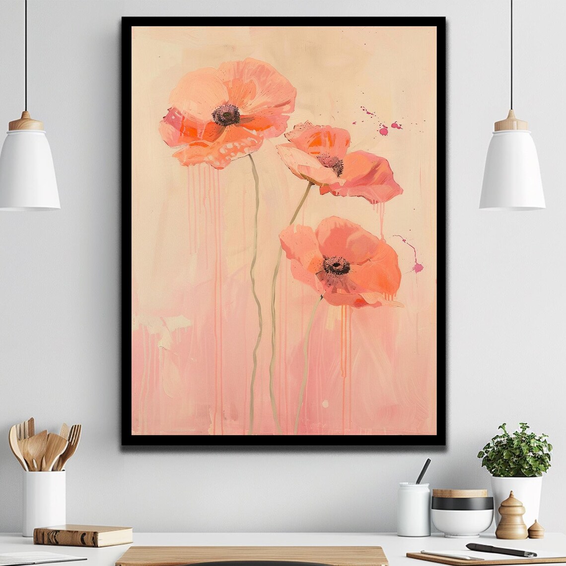 Blush Pink Poppy Trio Soft Watercolor Floral Botanical Wall Print