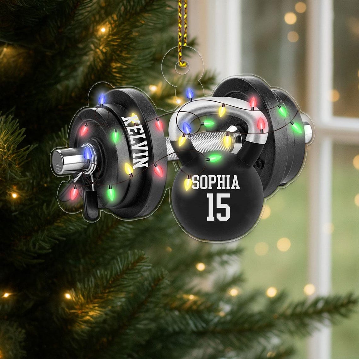 Personalized Dumbbell Kettlebell Fitness Gym Christmas Ornament Print