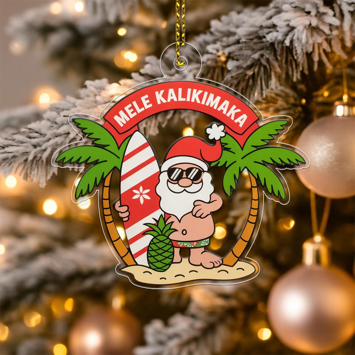 Mele Kalikimaka Santa Surfboard Hawaiian Christmas Ornament Wall Art
