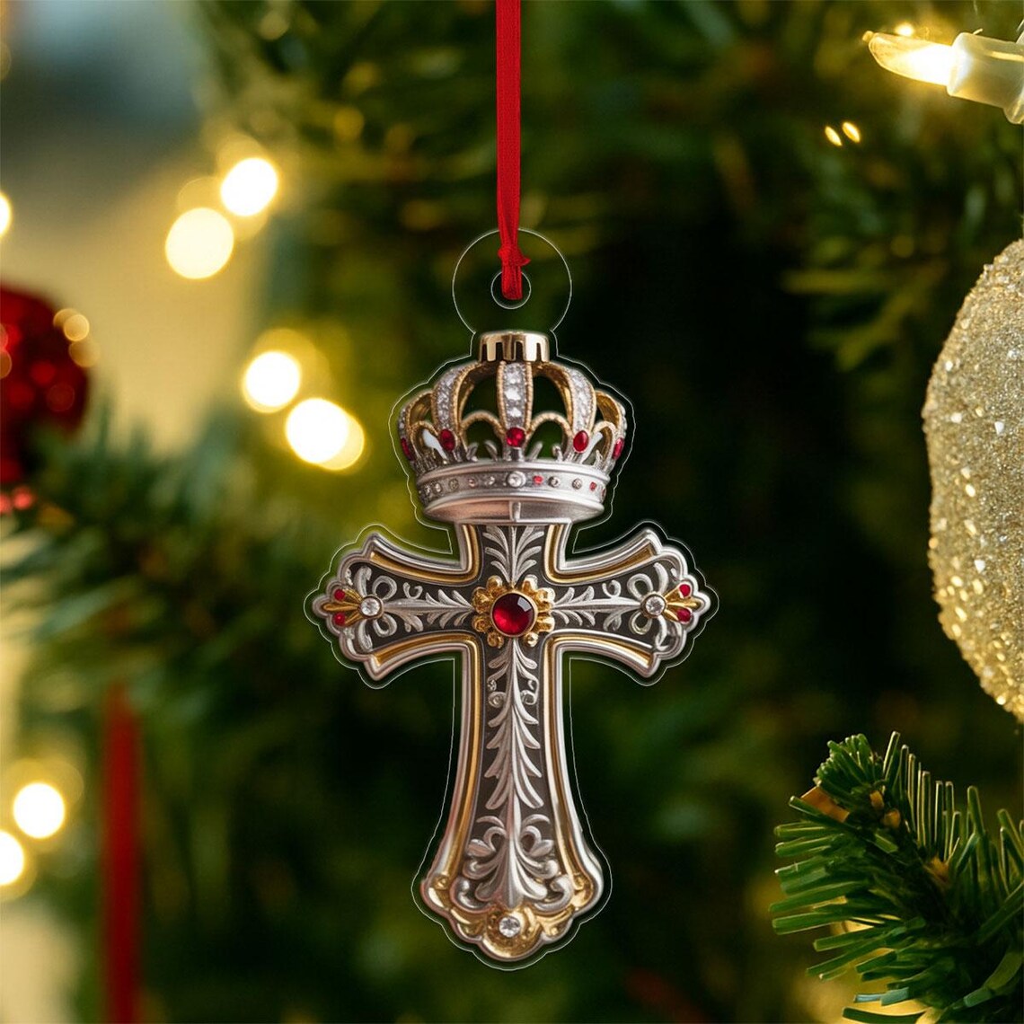 Jeweled Cross And Crown Faith Christmas Acrylic Ornament Print
