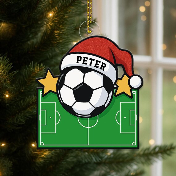Personalized Soccer Field Christmas Ornament Cartoon Ball Santa Hat Poster