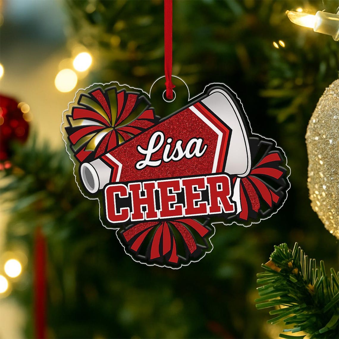 Cheer Megaphone Christmas Ornament Custom Name Lisa Pom Poms Wall Art