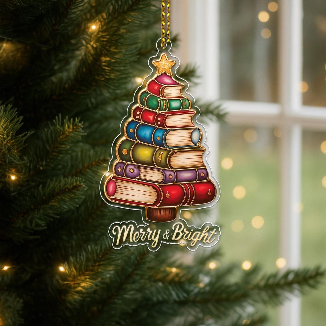 Merry And Bright Book Stack Tree Christmas Ornament Gift Print