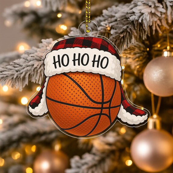 Ho Ho Ho Basketball Plaid Santa Hat Christmas Sports Ornament Wall Art